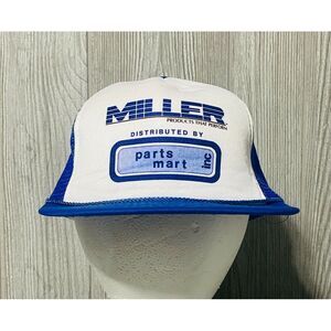 Vintage Trucker‎ Cap Hat Miller Parts Mesh Blue White Wide Bill Snapback